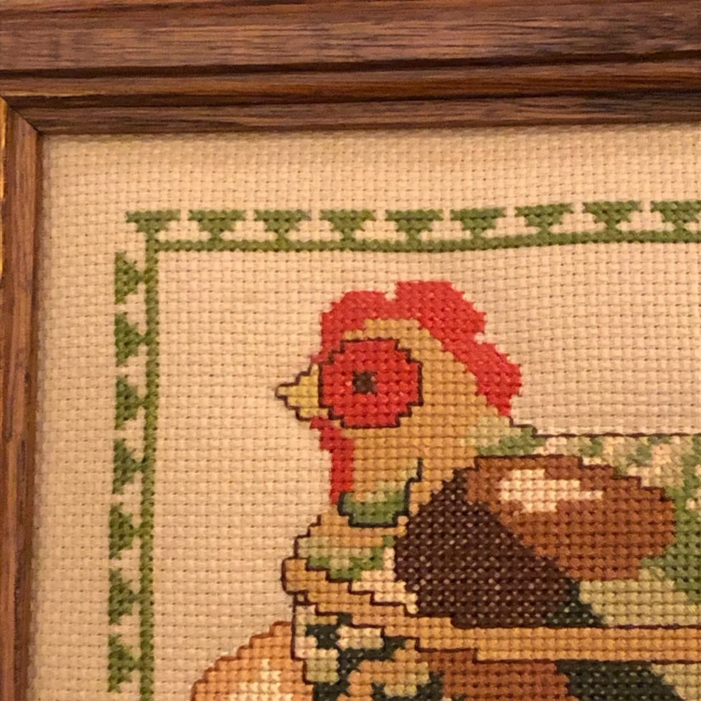 Framed Vintage  Cross-Stitch Nesting Hen with Eggs Rustic Farmhouse Whimsical - Picture 2 of 12